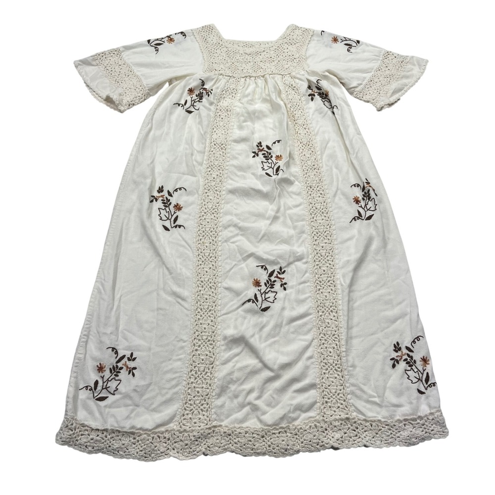 Vintage 70s Handmade Boho Peasant Dress Small Crochet Lace Embroidered Gauze